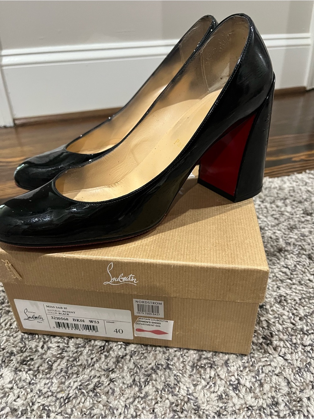 Christian Louboutin Black Patent Block Heel Pumps with Signature Red Sole.